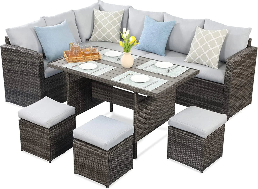 7 Piece Outdoor Dining Sectional Sofa with Dining Table and Chair D49126