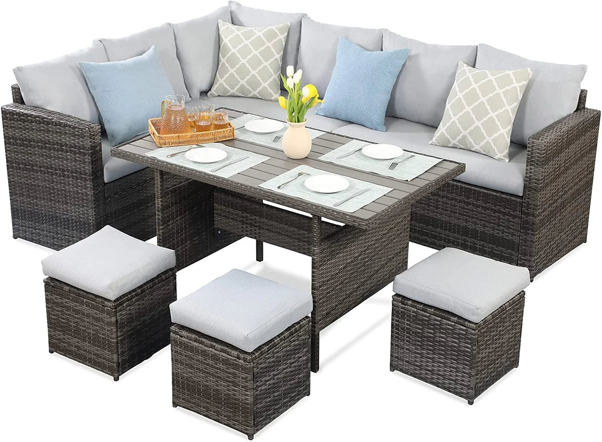 7 Piece Outdoor Dining Sectional Sofa with Dining Table and Chair D49126