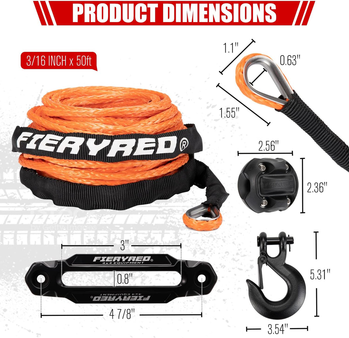 Orange 50FT Synthetic Winch Rope Cable Kit with Forged Hook Fairleads F6807