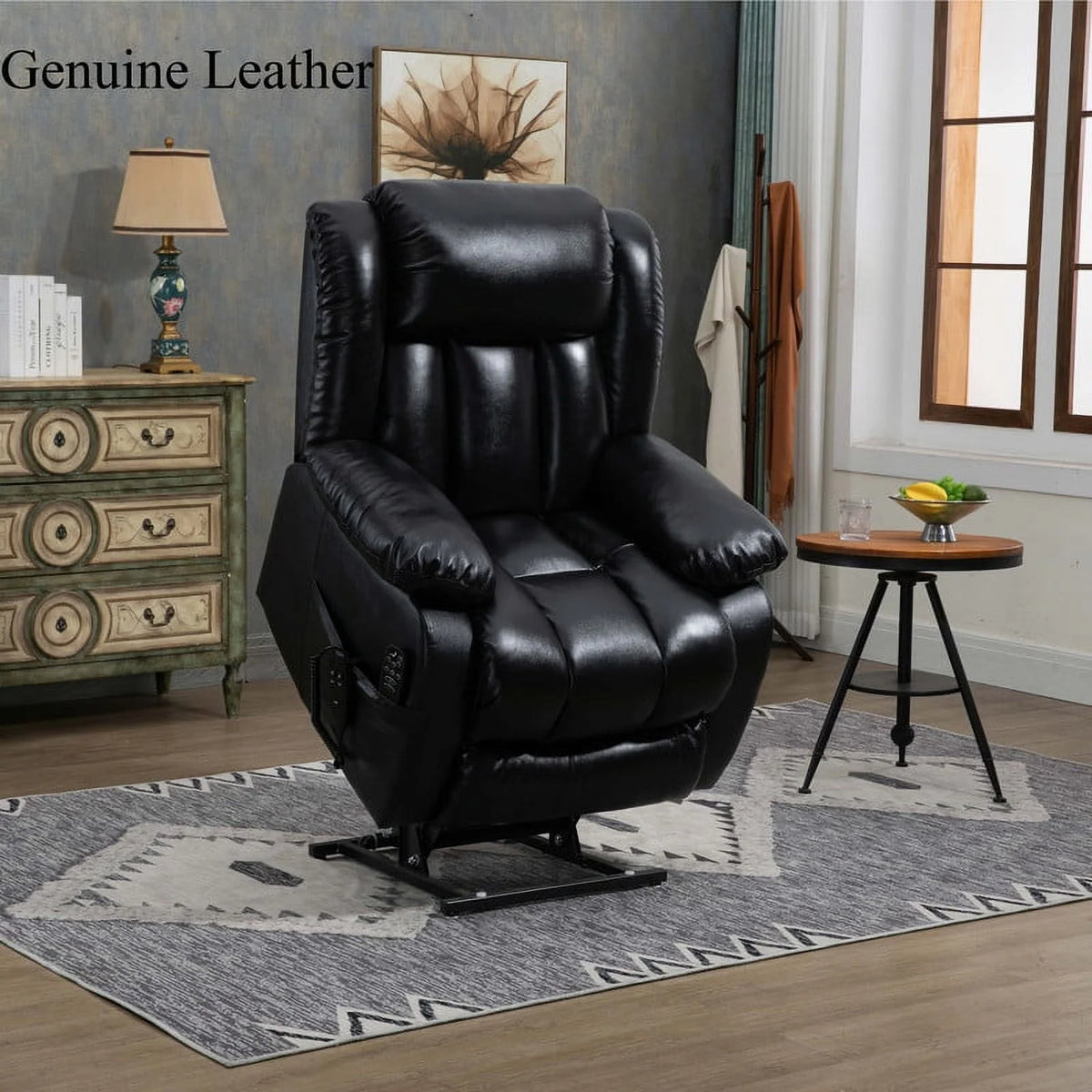 Oversized Black Leather Power Lift Recliner Chair with 8-Point Vibration Massage Lumbar Heating E9162