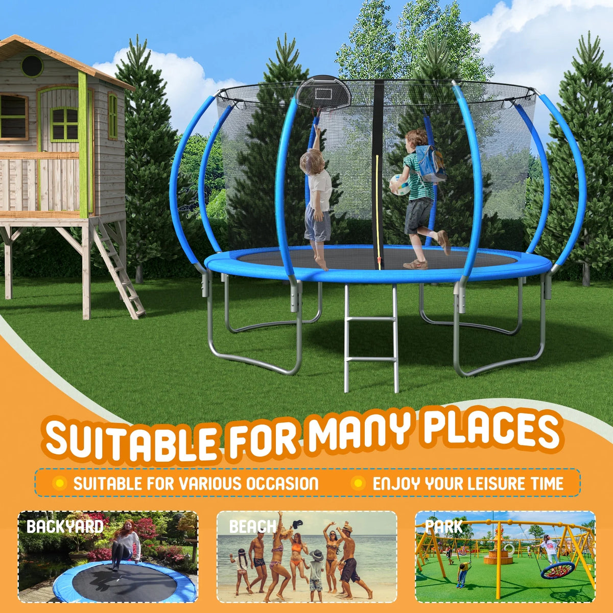 12FT Blue Kids Trampoline with Enclosure Net N8995