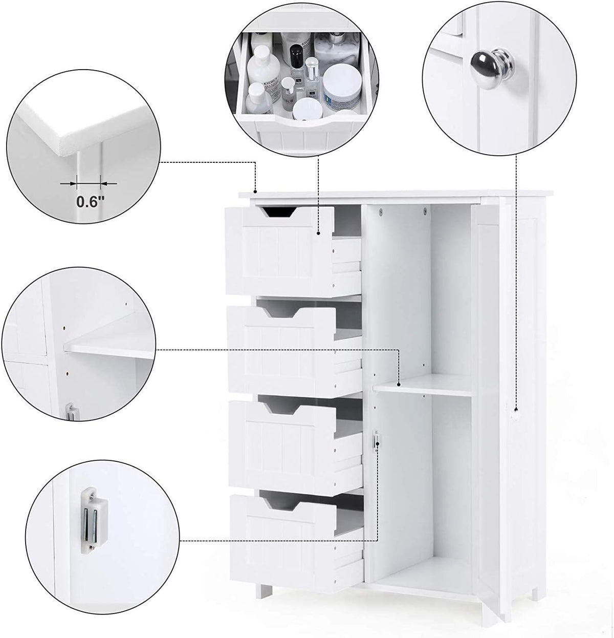 White Freestanding Bathroom Storage Cabinet with 4 Drawers and 1 Door H724525