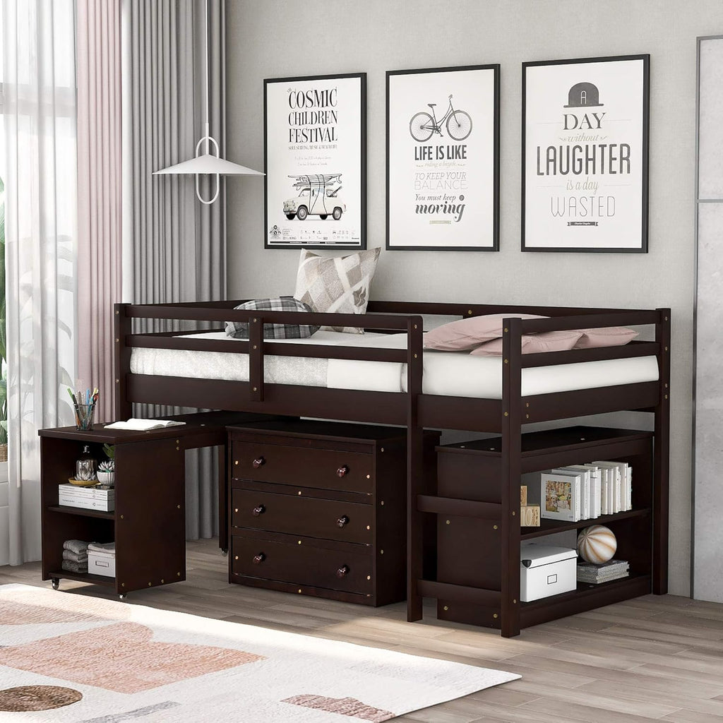 Twin Loft Bed with Cabinet and Storage, Built-in Ladder Playhouse Bed C3343