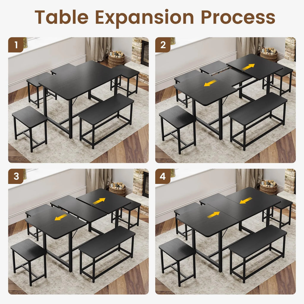 63" Extendable Dining Table Set with Bench and 4 Stools Black Metal Frame H8835