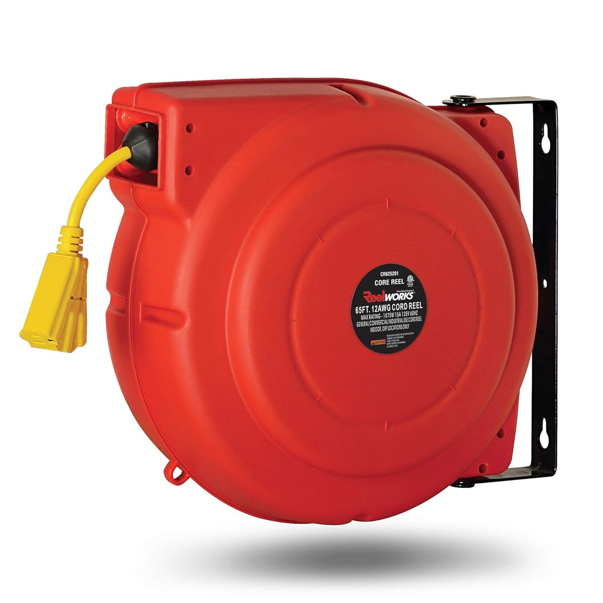 Retractable Extension Cord Reel 12AWG x 65' Heavy Duty Commercial Cable Triple Tap Connector Power 15A 125VAC 1875W E966198