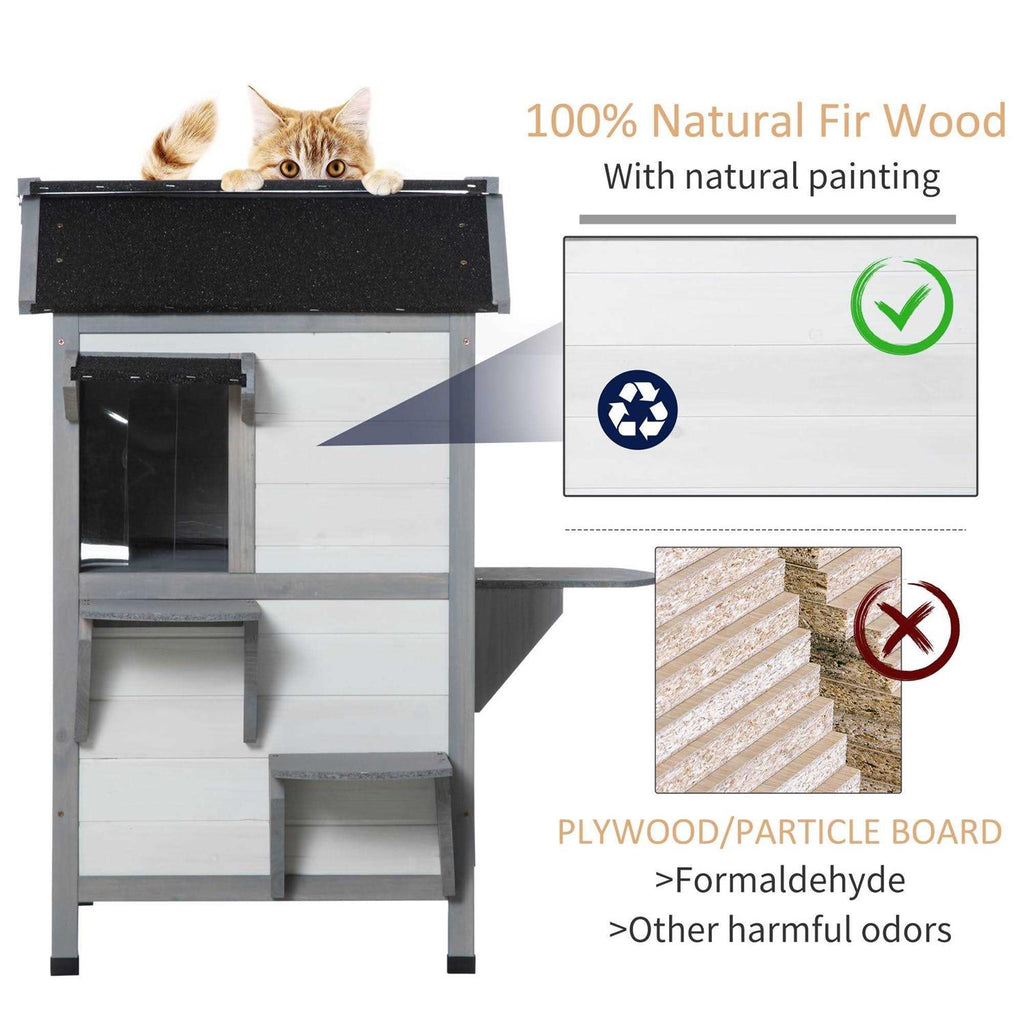 Wooden 2-Story Outdoor Cat House with Escape Door A154