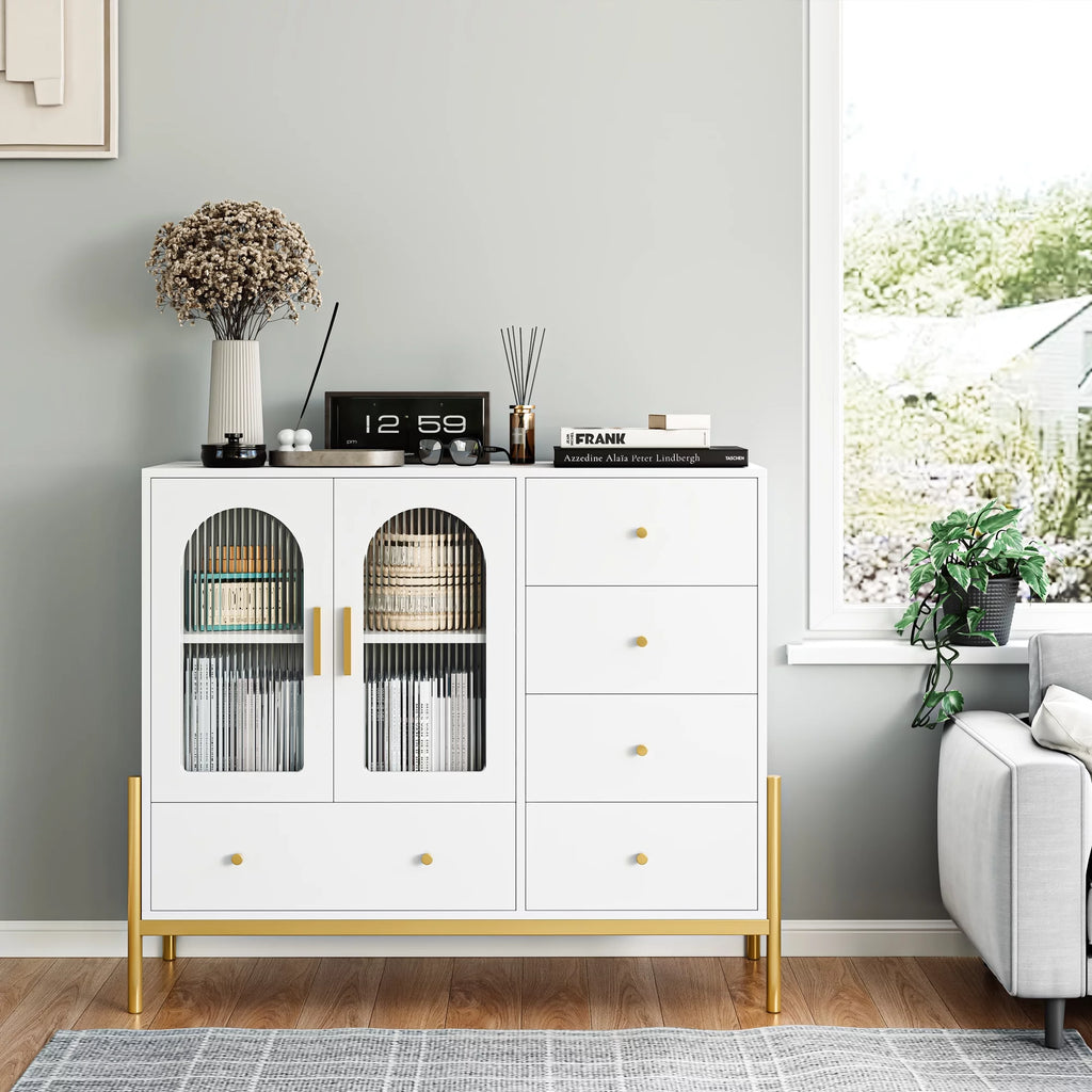 White 5 Drawer Dresser with Glass Door S245