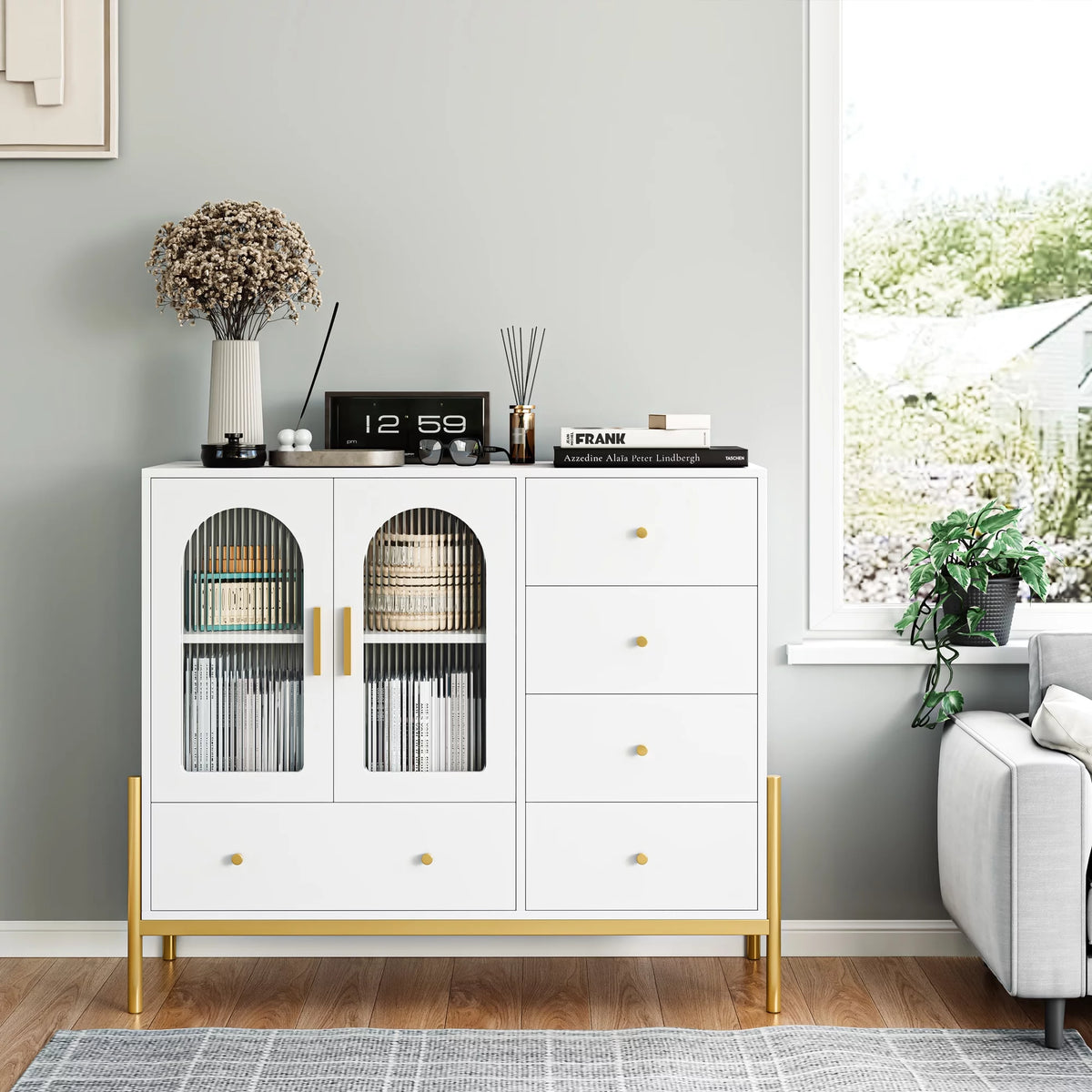 White 5 Drawer Dresser with Glass Door S245