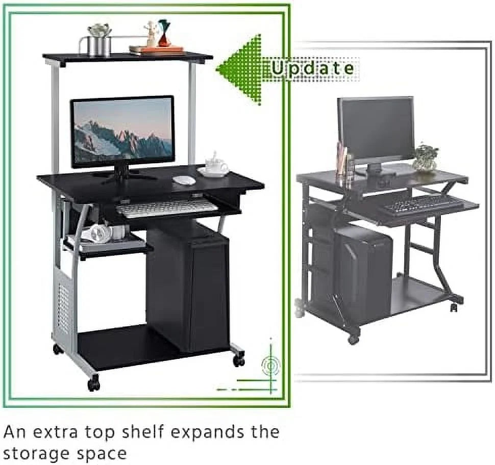 Black 3 Tier Computer Desk with Printer Shelf and Keyboard Tray U25623