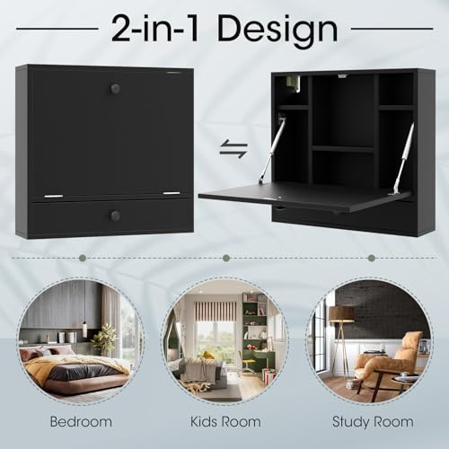 White Wall Mounted Desk with Storage Drawer and Shelves W540927