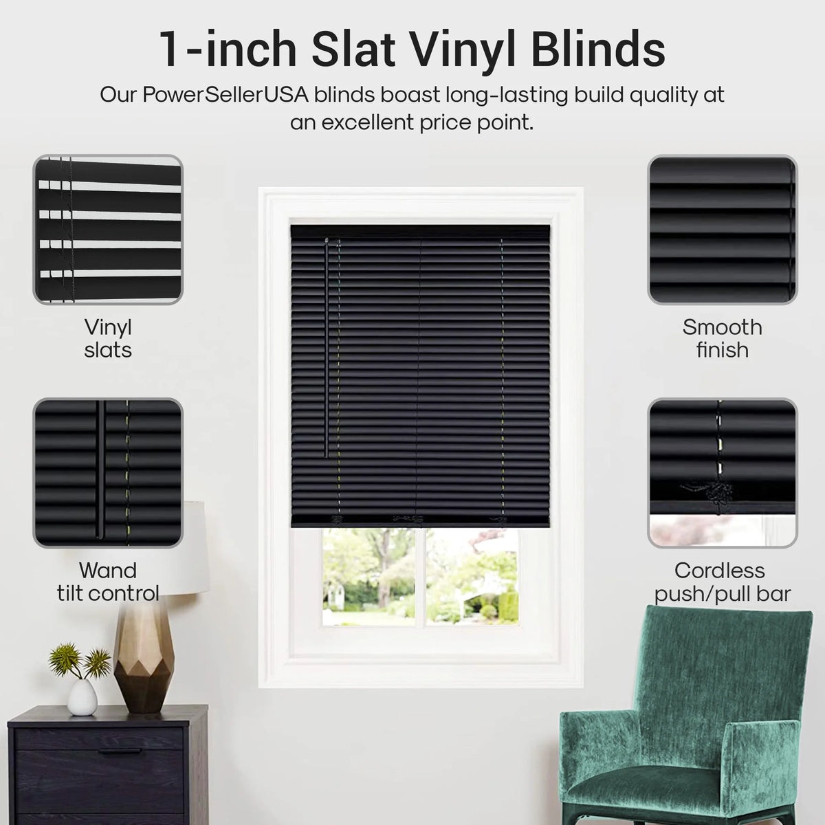 1" Vinyl Blackout Cordless Window Blinds, 64L x 34W Inches J91034