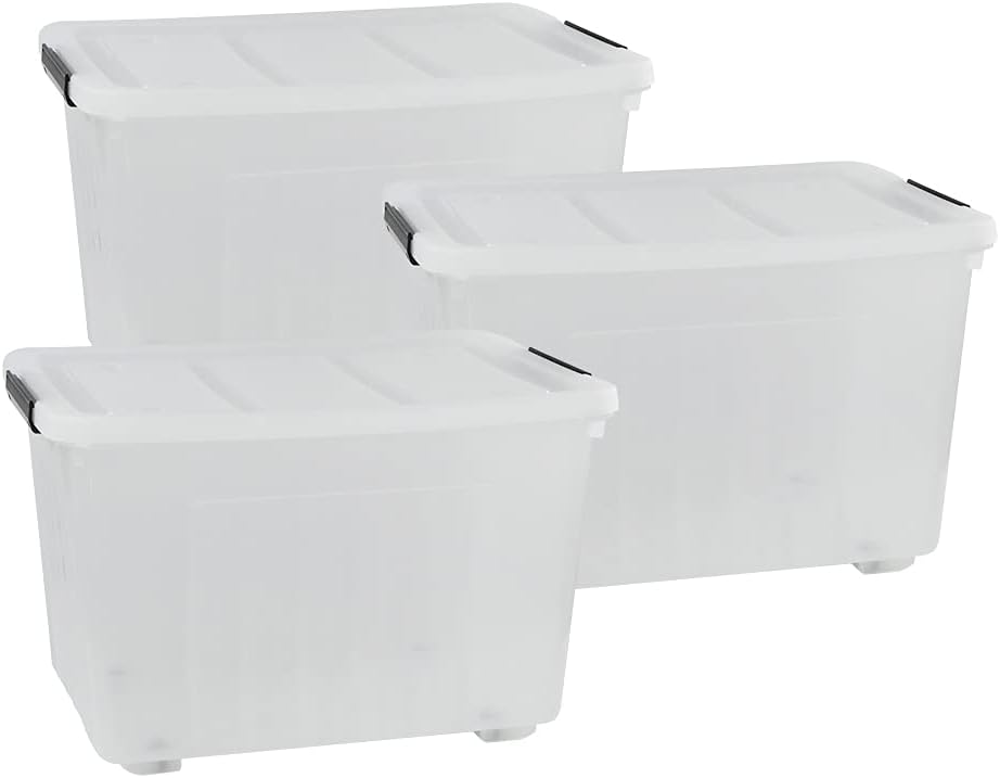 70 L Clear Plastic Storage Bin with Wheels, 3 Packs S285083