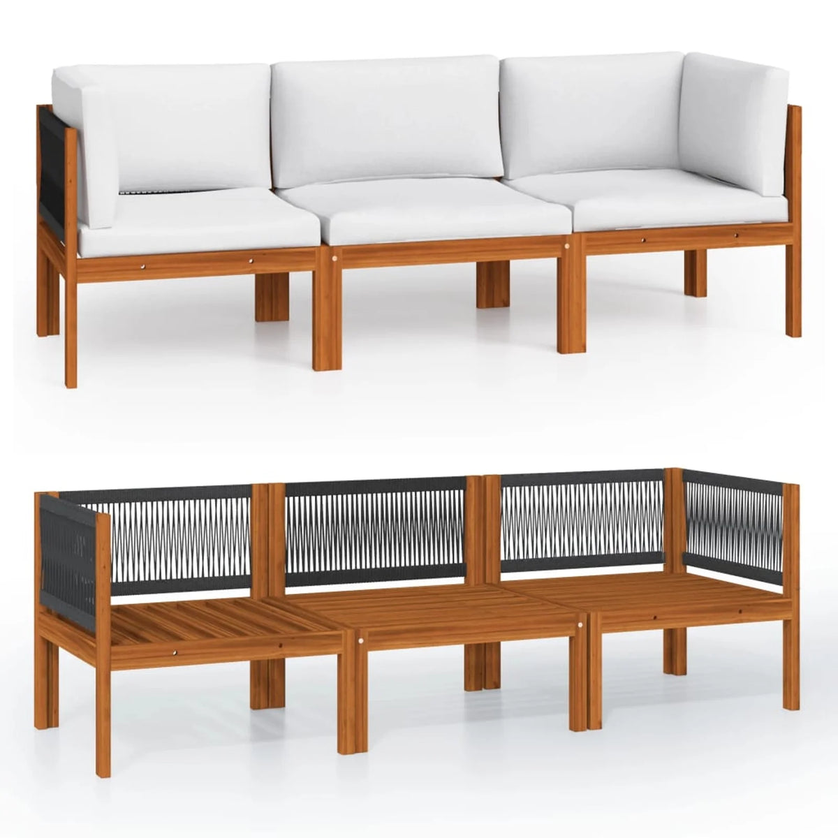 3-Seater Patio Sofa Set Cream White Cushions Acacia Wood Black Rope Z8389