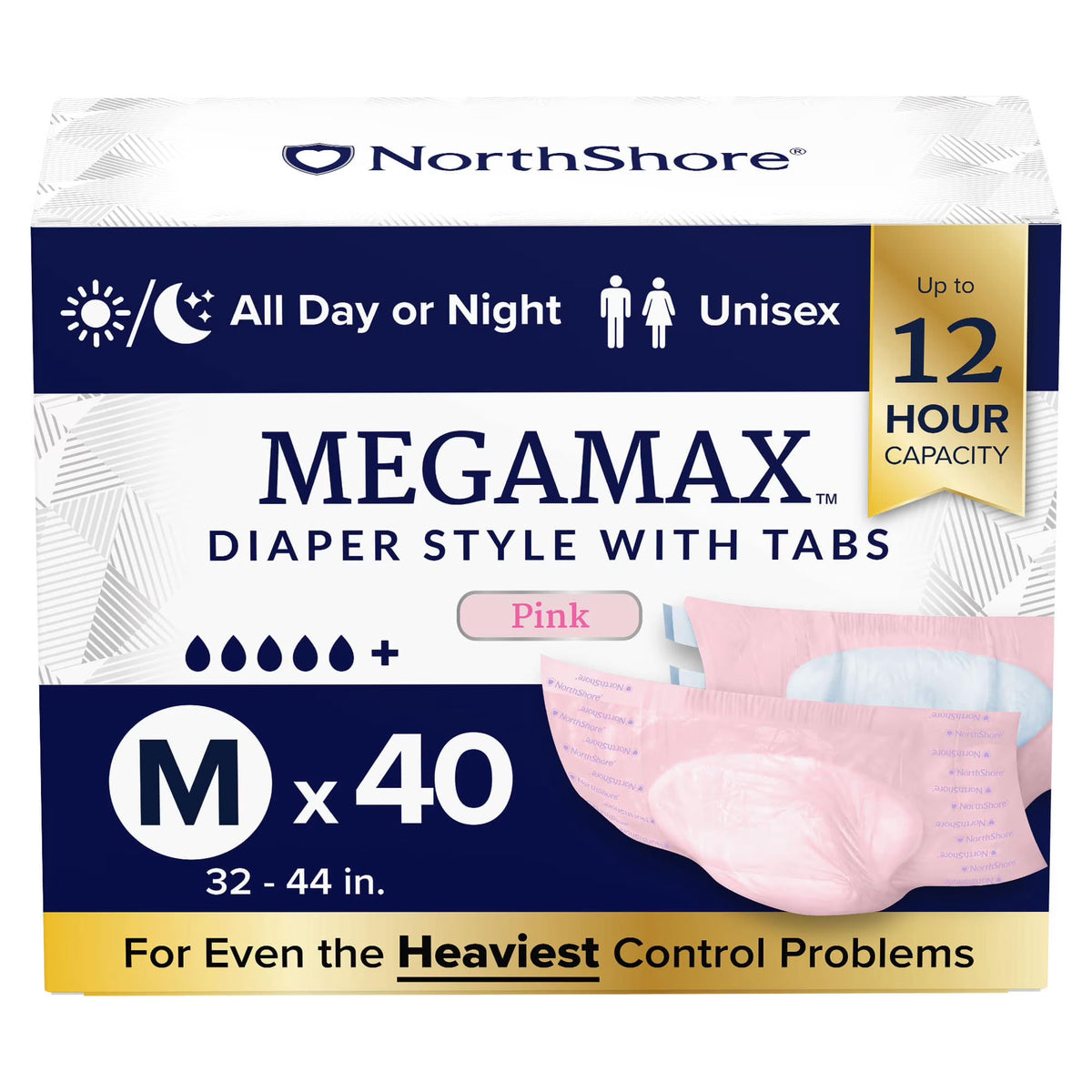MegaMax Adult Overnight Diapers, Tab-Style, Medium, 40 Count Case, Pink, Unisex Incontinence Underwear B9833