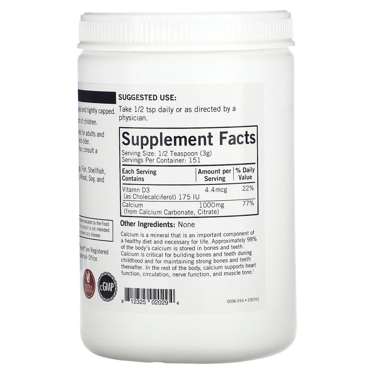Calcium Powder Plus Vitamin D-3, Unflavored, 16 oz B145