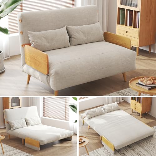Linen Convertible Chair Bed Sleeper with Wooden Arms W789