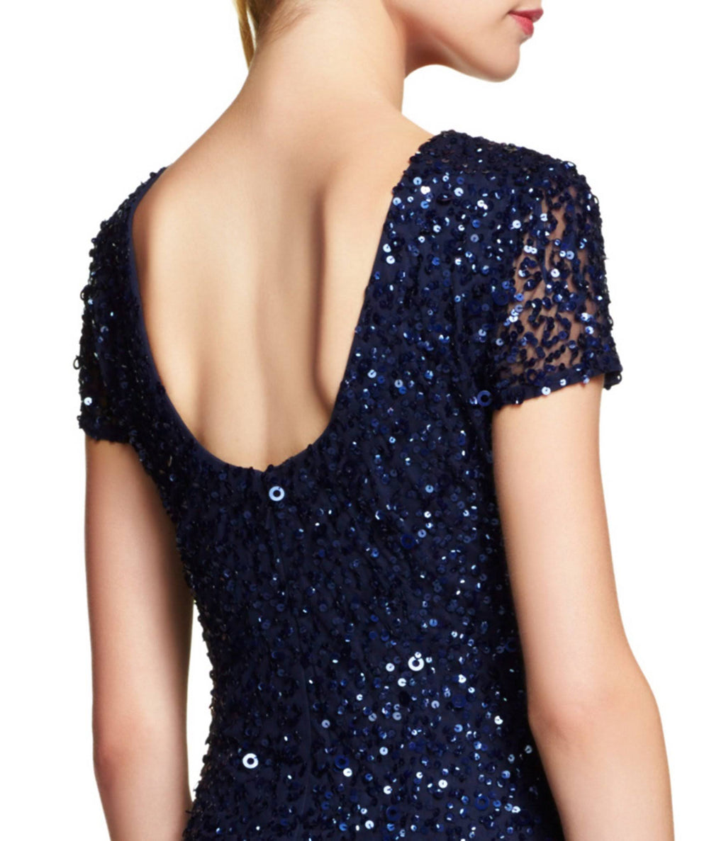 Navy Scoop Back Sequin Gown D291943