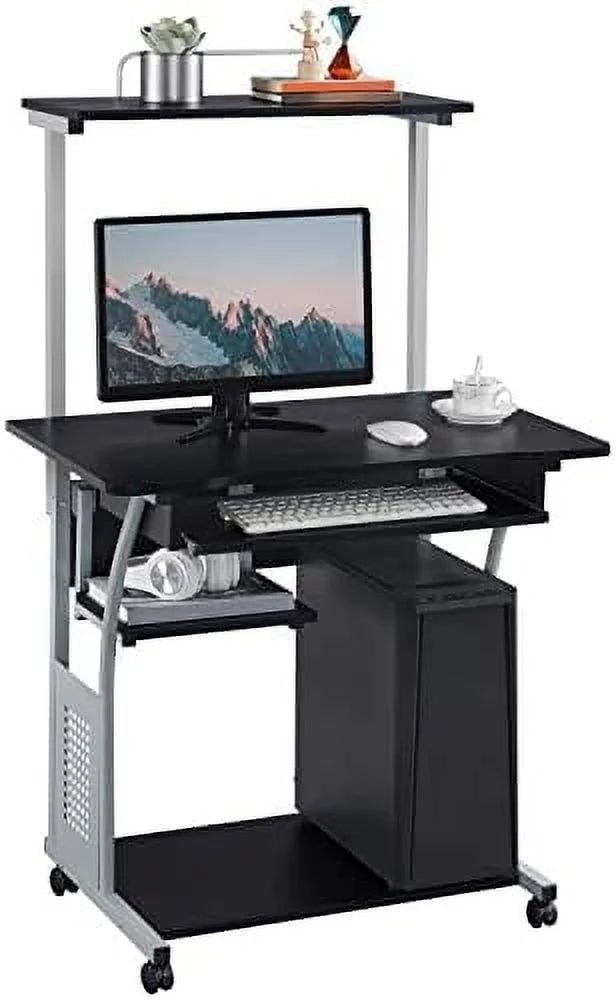 Black 3 Tier Computer Desk with Printer Shelf and Keyboard Tray U25623