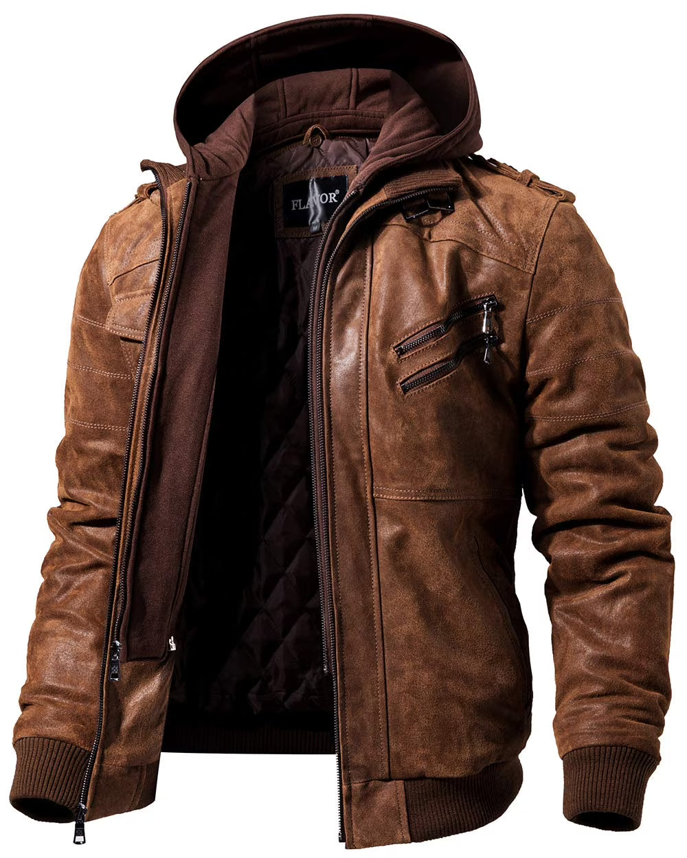 Brown Real Leather Jacket with Removable Hood O534204