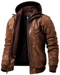 Brown Real Leather Jacket with Removable Hood O534204