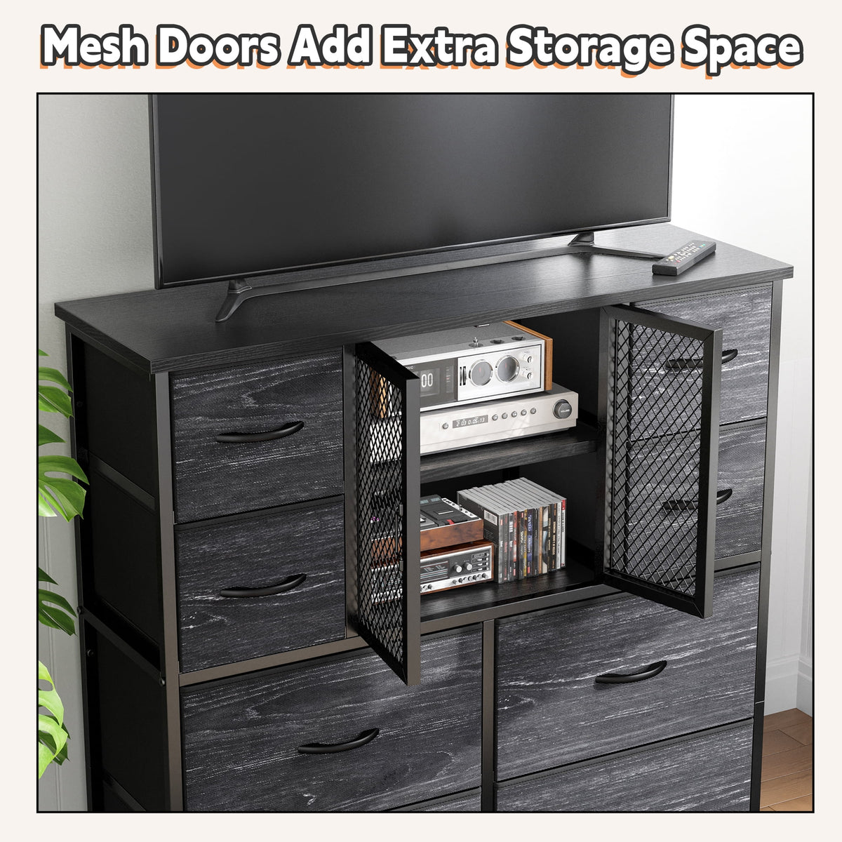 Black 10 Drawer Fabric Dresser with Cabinet L33165