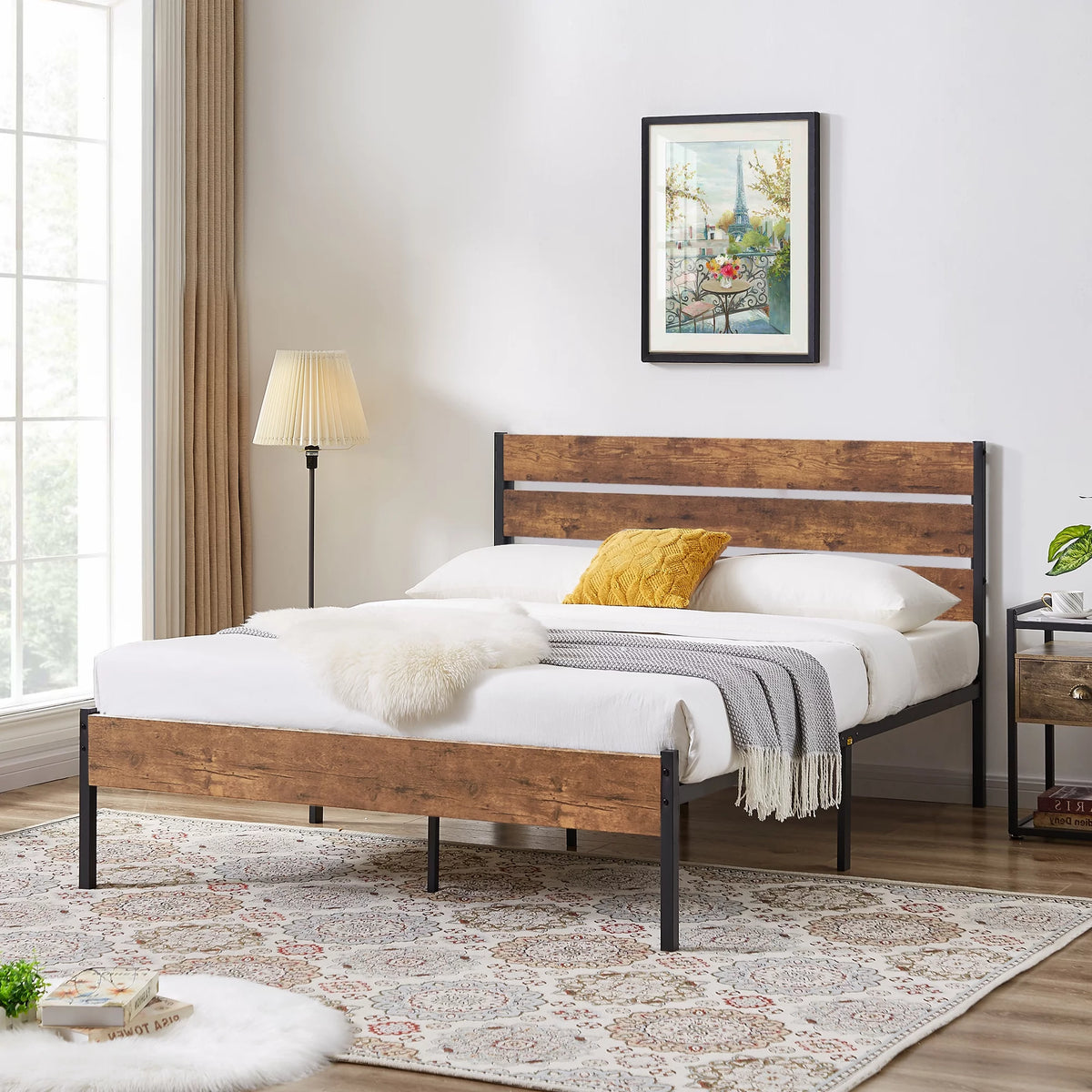 Queen Bed Frame with Wooden Headboard and Metal Slats T38054