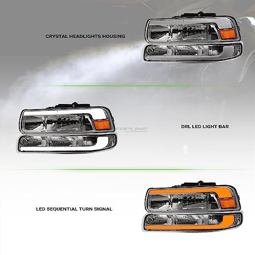 Compatible With Chevy Silverado Suburban Tahoe LED Strip Bar Black Housing Headlights With Signal Bumper Lamps Amber Reflector 4-Pieces C668358