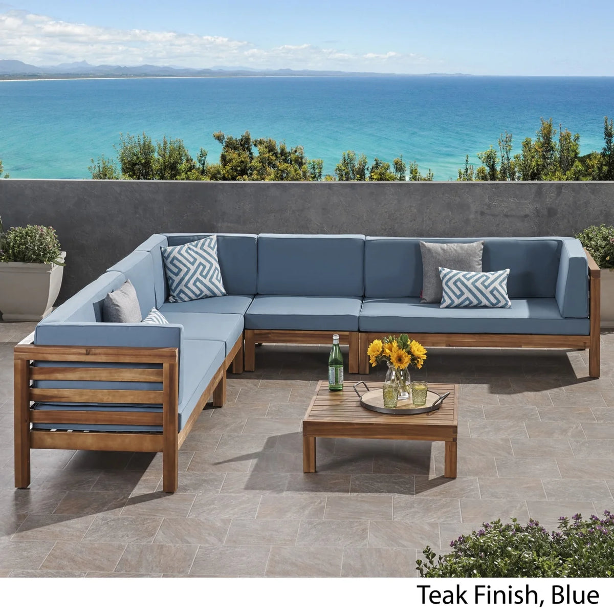 Acacia Wood 7 Seater Sectional Sofa with Cushions Q299