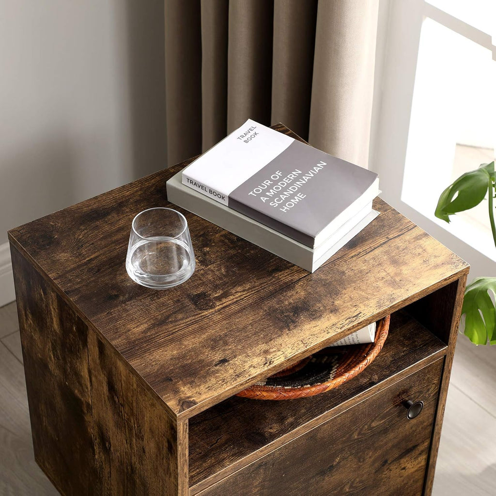 Rustic Brown Nightstand with Open Shelf and Cabinet I83614