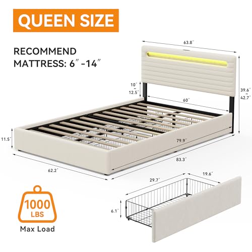 Beige Queen Bed Frame with 4 Storage Drawers I7943