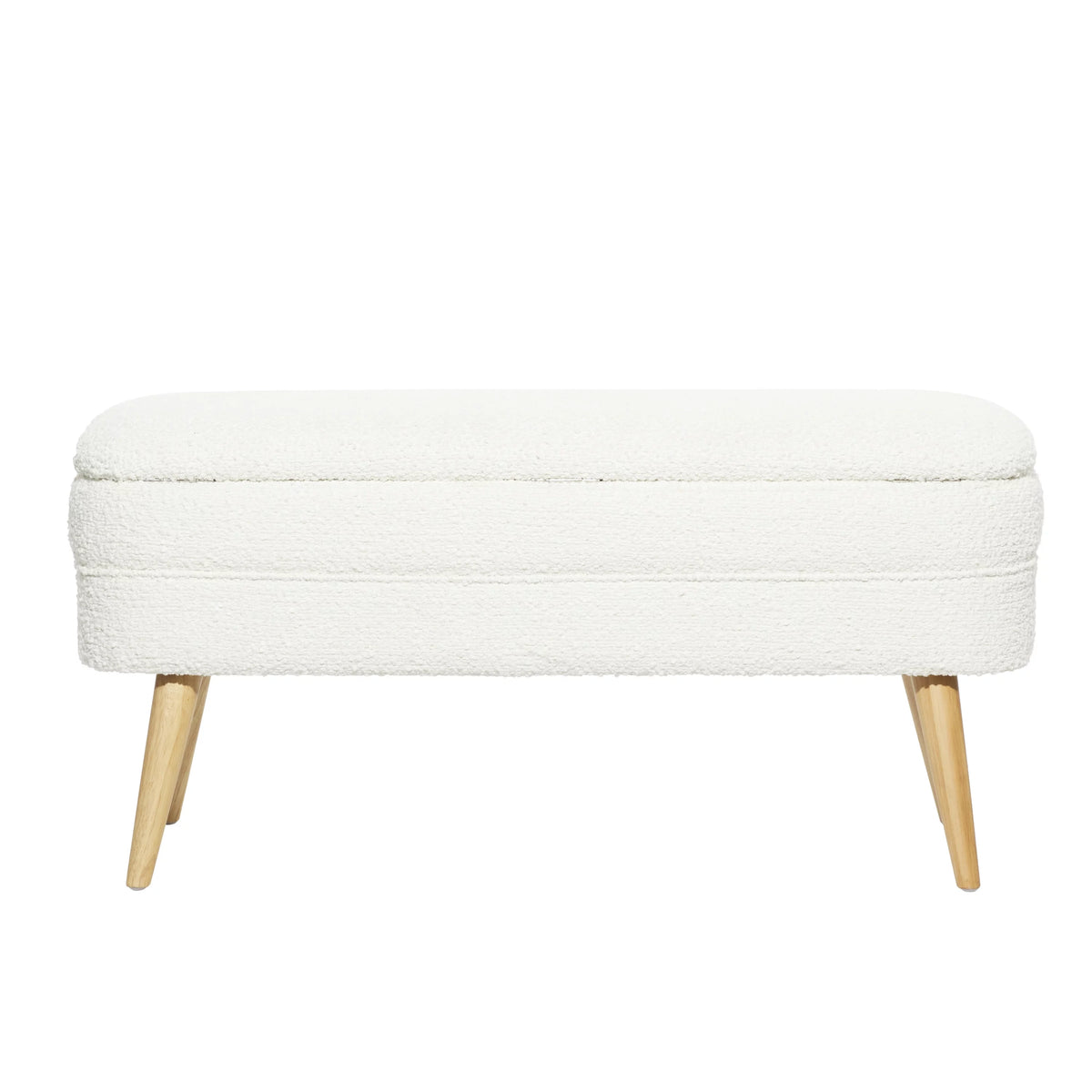 White Polyester Boucle Upholstered Storage Bench with Wood Legs O78345