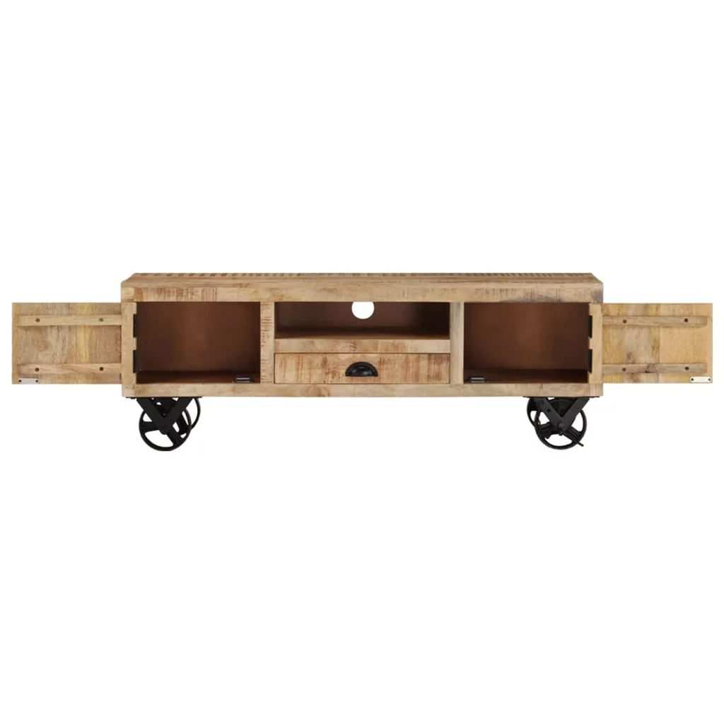 Rough Mango Wood Wheeled TV Stand with 2 Doors H757528