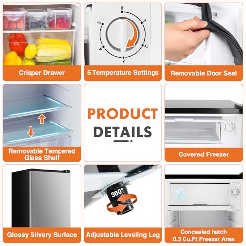 3.2 Cu.Ft Mini Fridge with Freezer Single Door Adjustable Thermostat Compact Fridge (Black) W122