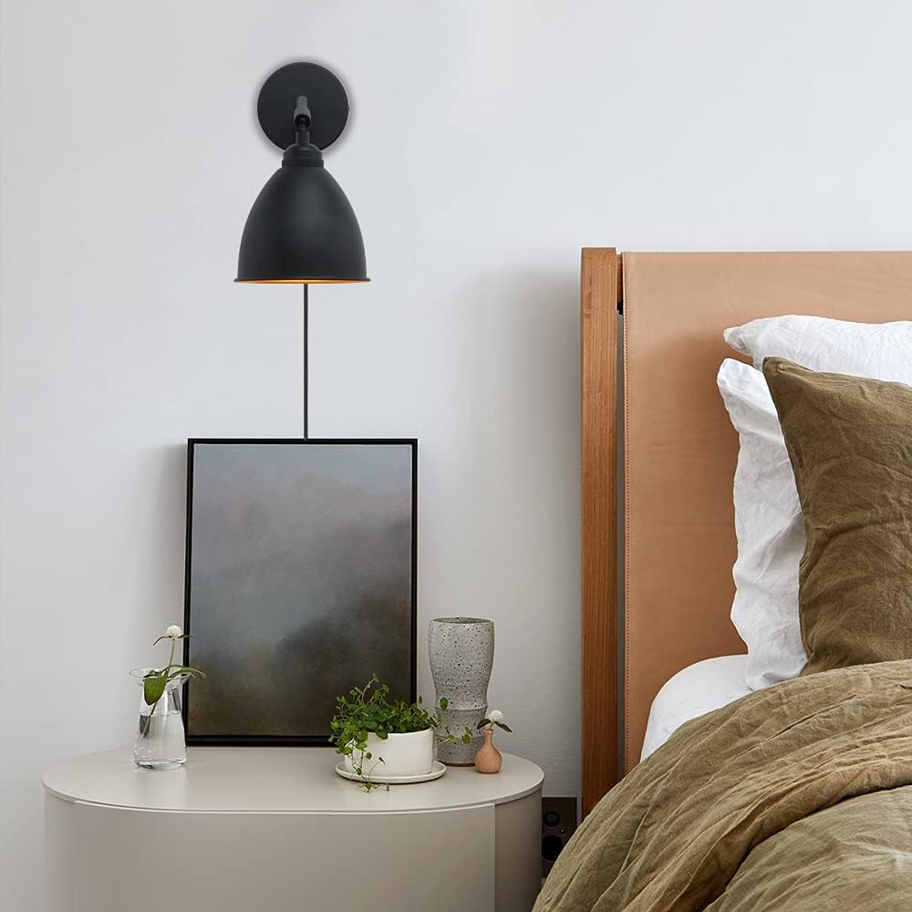 Vintage Plug in Wall Sconce, 1-Light Dimmable Industrial Metal Fixture Lamp with 6.1 Oval Black Metal Shade and 4.7 Black Canopy R674