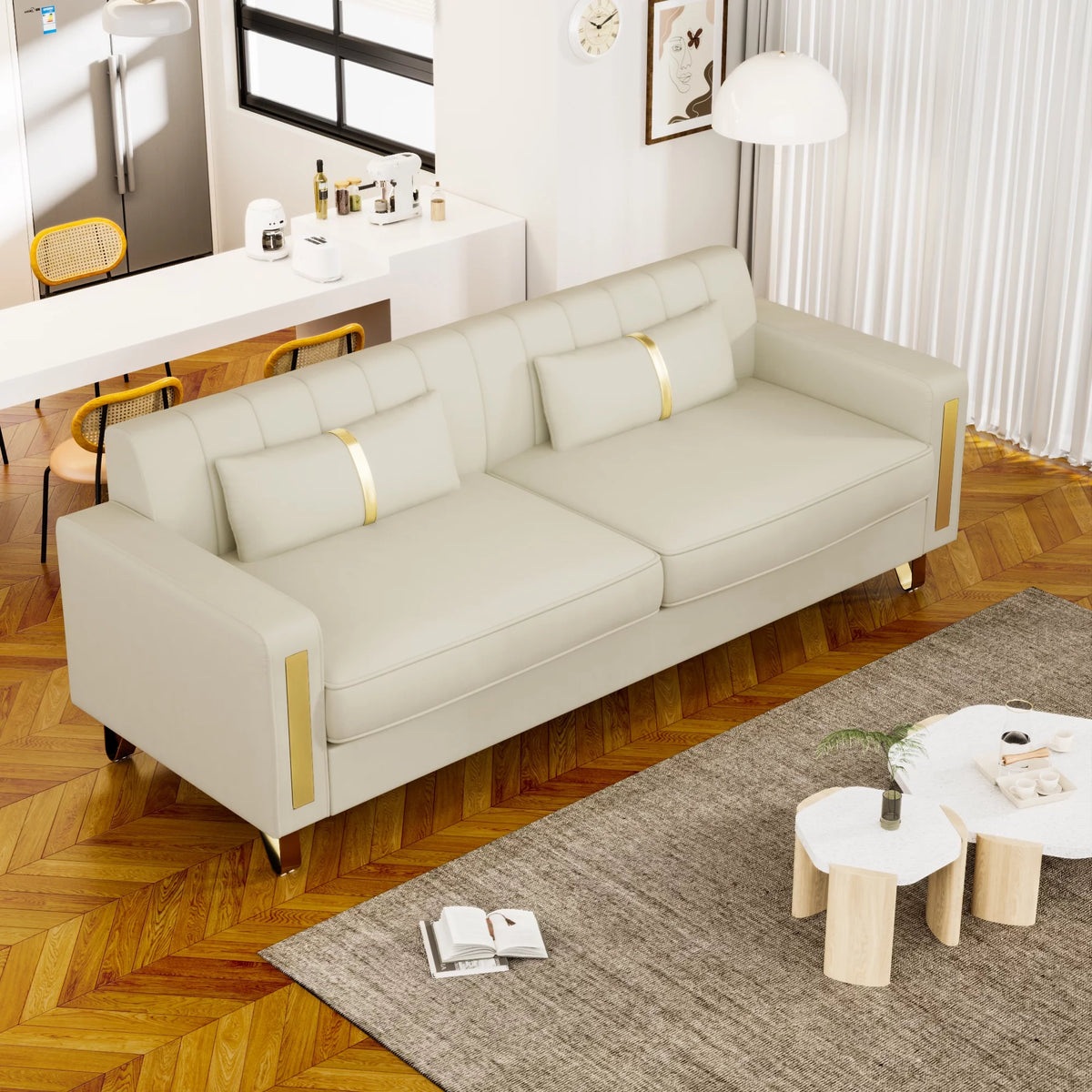 Velvet Upholstered Sofa with Pillows Gold Metal Legs U889