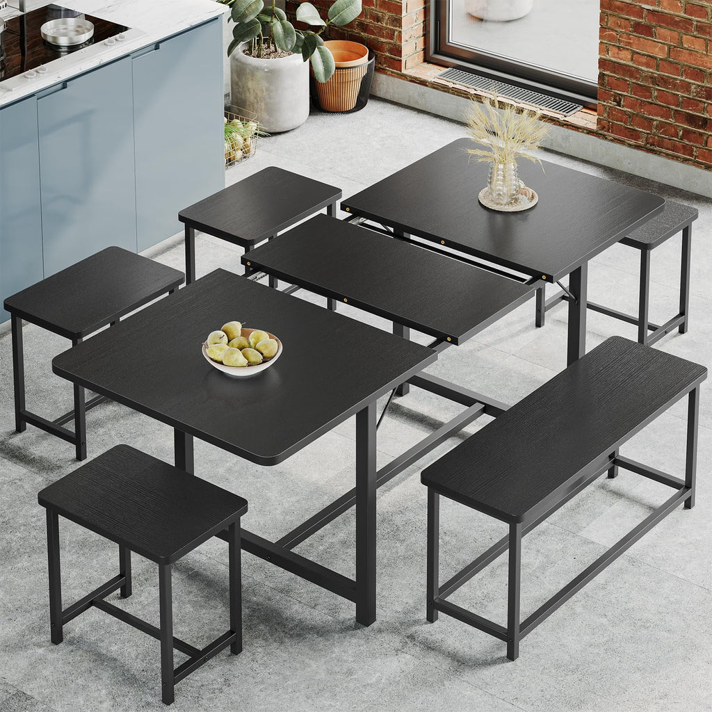 63" Extendable Dining Table Set with Bench and 4 Stools Black Metal Frame H8835