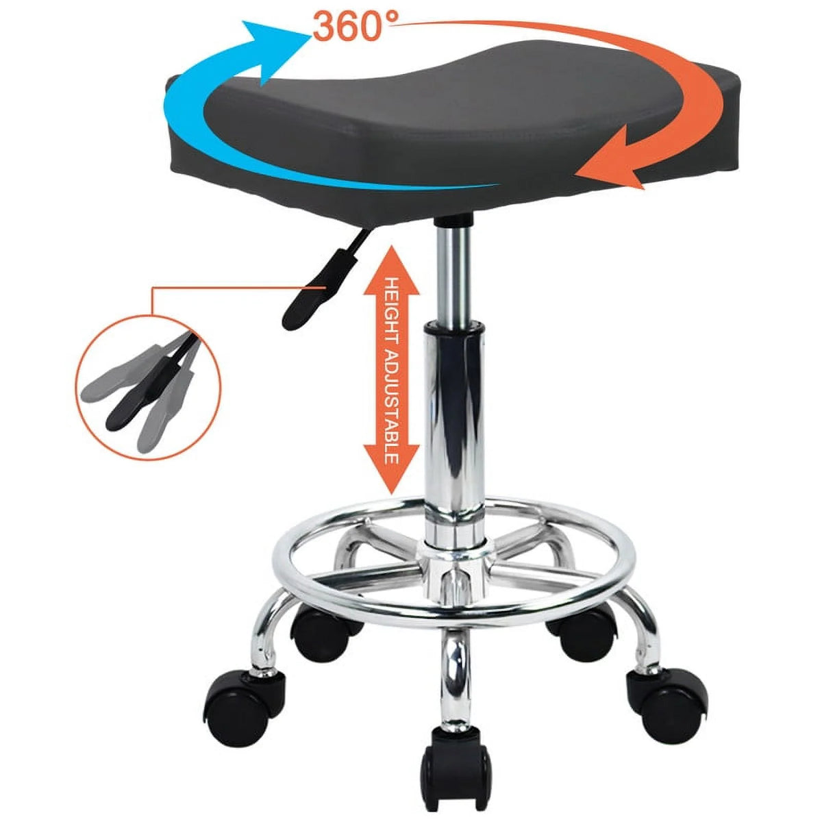 Square Rolling Stool with Footrest PU Leather Height Adjustable Swivel Z24264