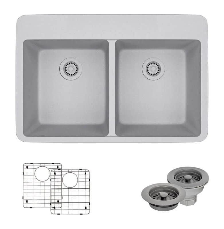 Pewter Topmount Composite Granite Kitchen Sink with Two Grids and Strainer and Flange F897