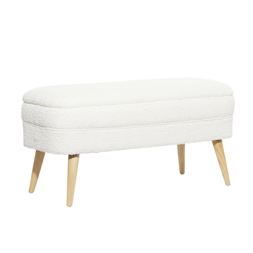 White Polyester Boucle Upholstered Storage Bench with Wood Legs O78345