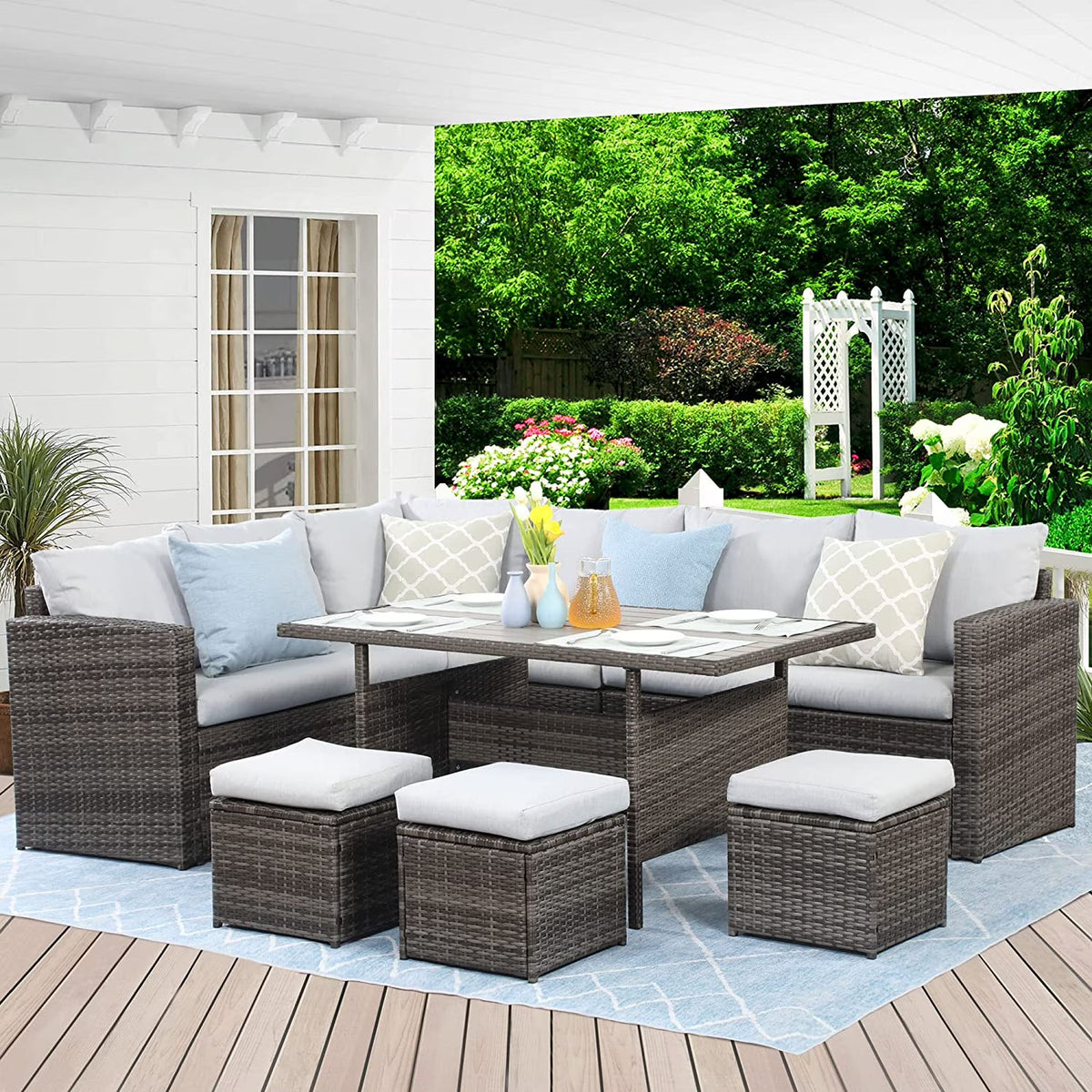 7 Piece Outdoor Dining Sectional Sofa with Dining Table and Chair D49126