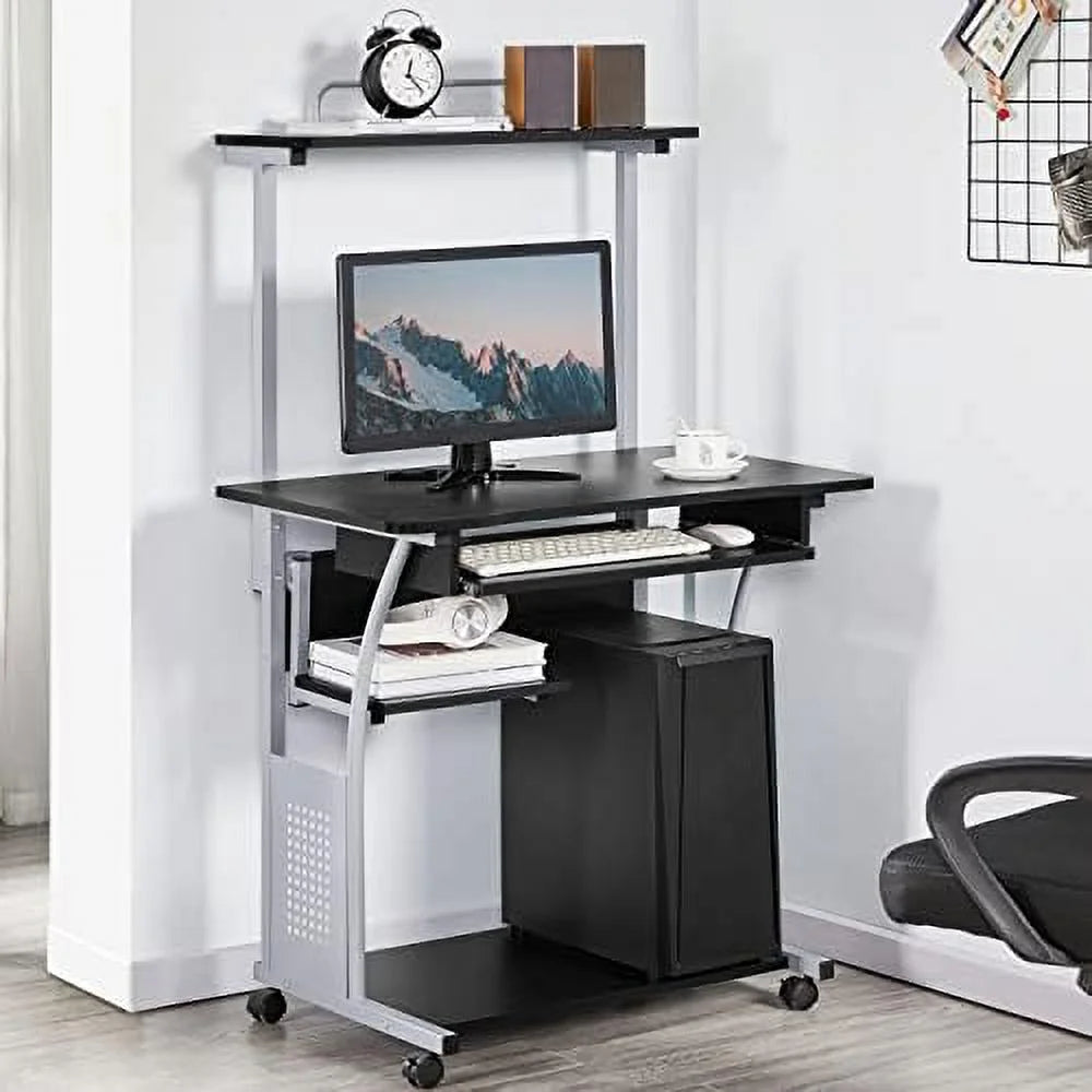 Black 3 Tier Computer Desk with Printer Shelf and Keyboard Tray U25623