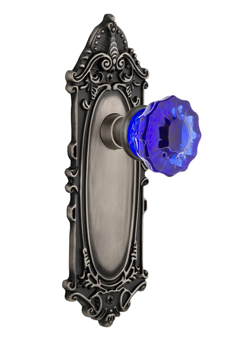 Antique Pewter Crystal Cobalt Glass Door Knob W349
