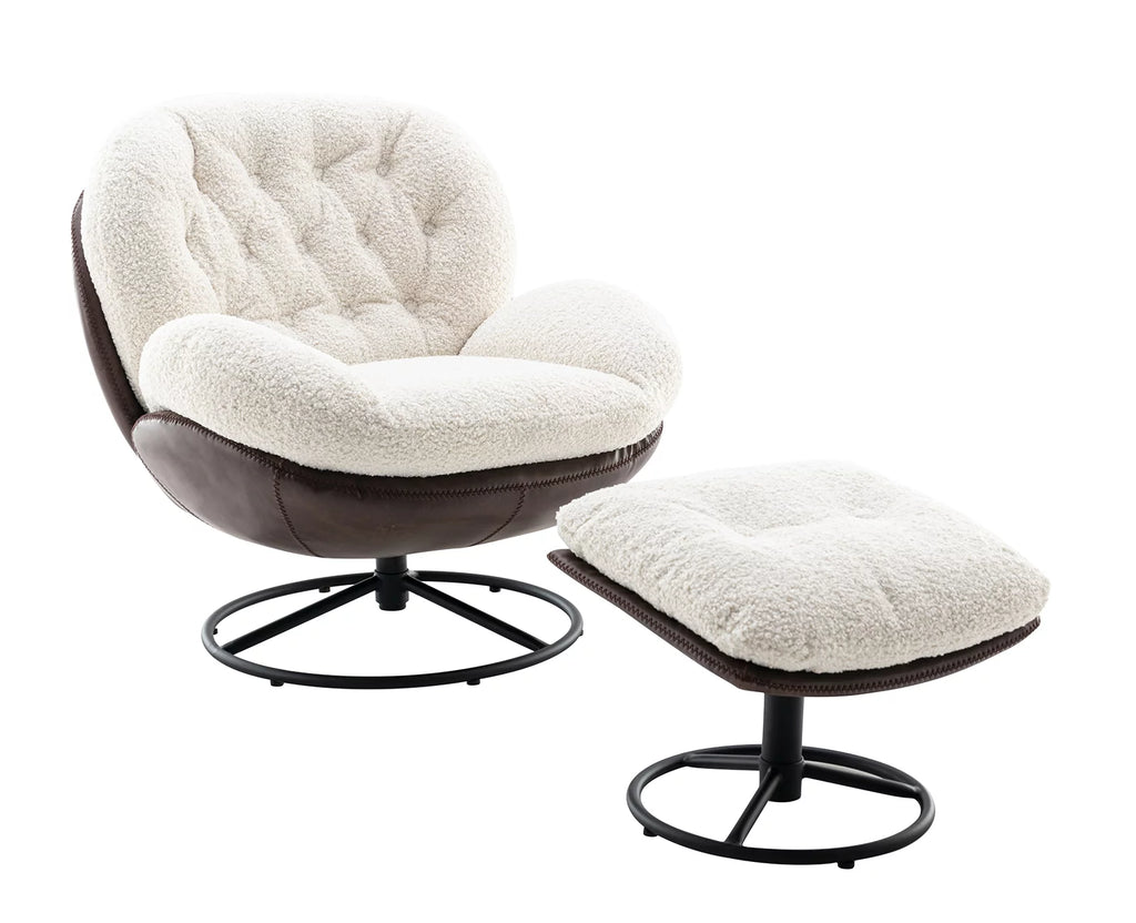 White Faux Fur Swivel Accent Chair with Ottoman O8380
