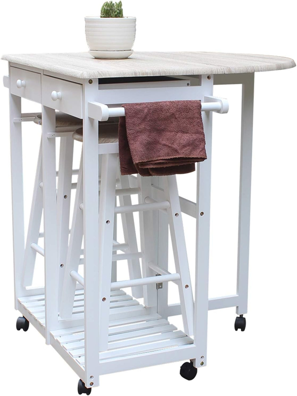 Foldable Kitchen Island Trolley Cart with 2 Stools and 2 Drawers Q61002