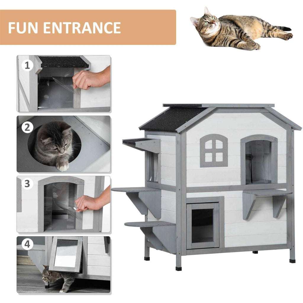 Wooden 2-Story Outdoor Cat House with Escape Door A154