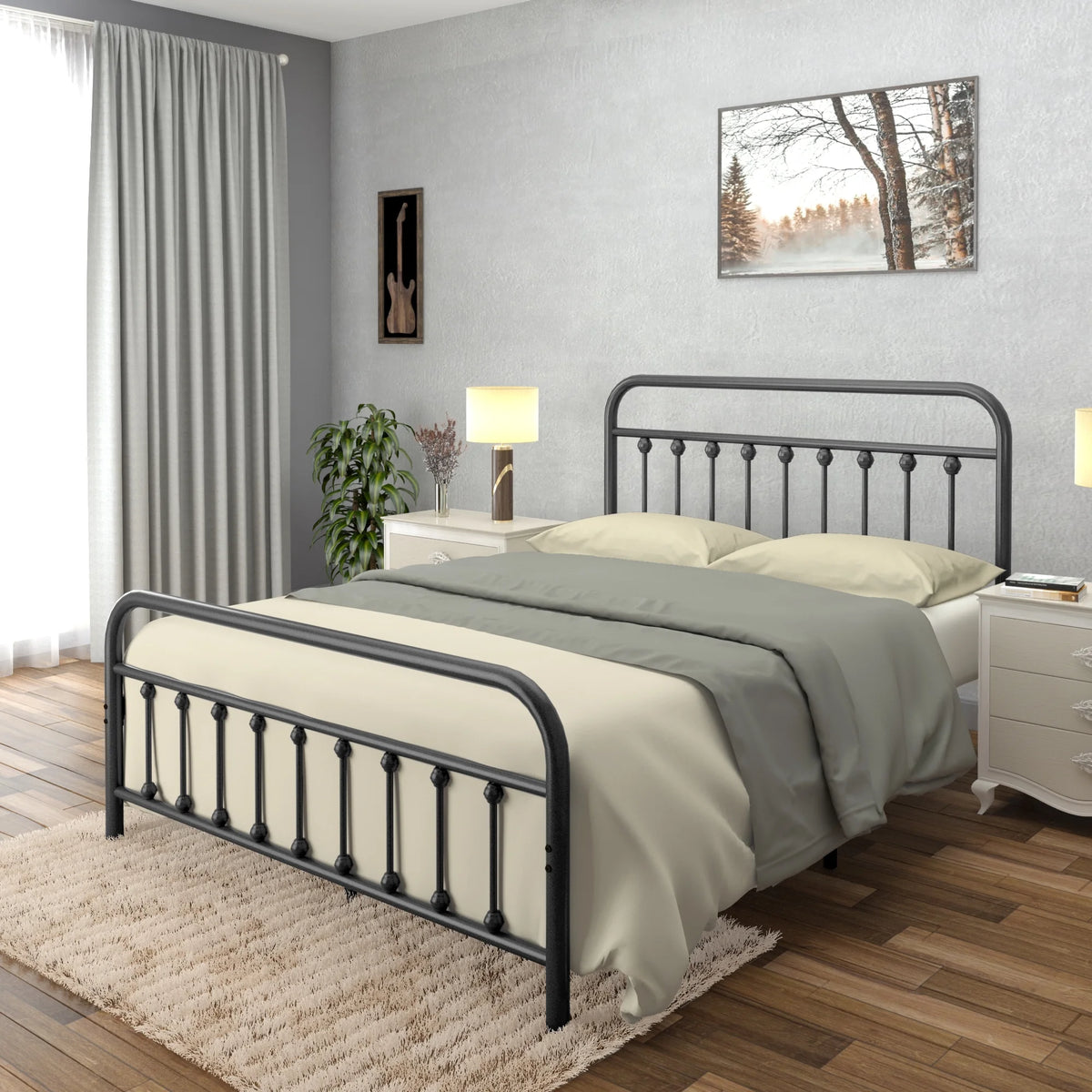Vintage Queen Metal Bed Frame with Headboard and Footboard I3394