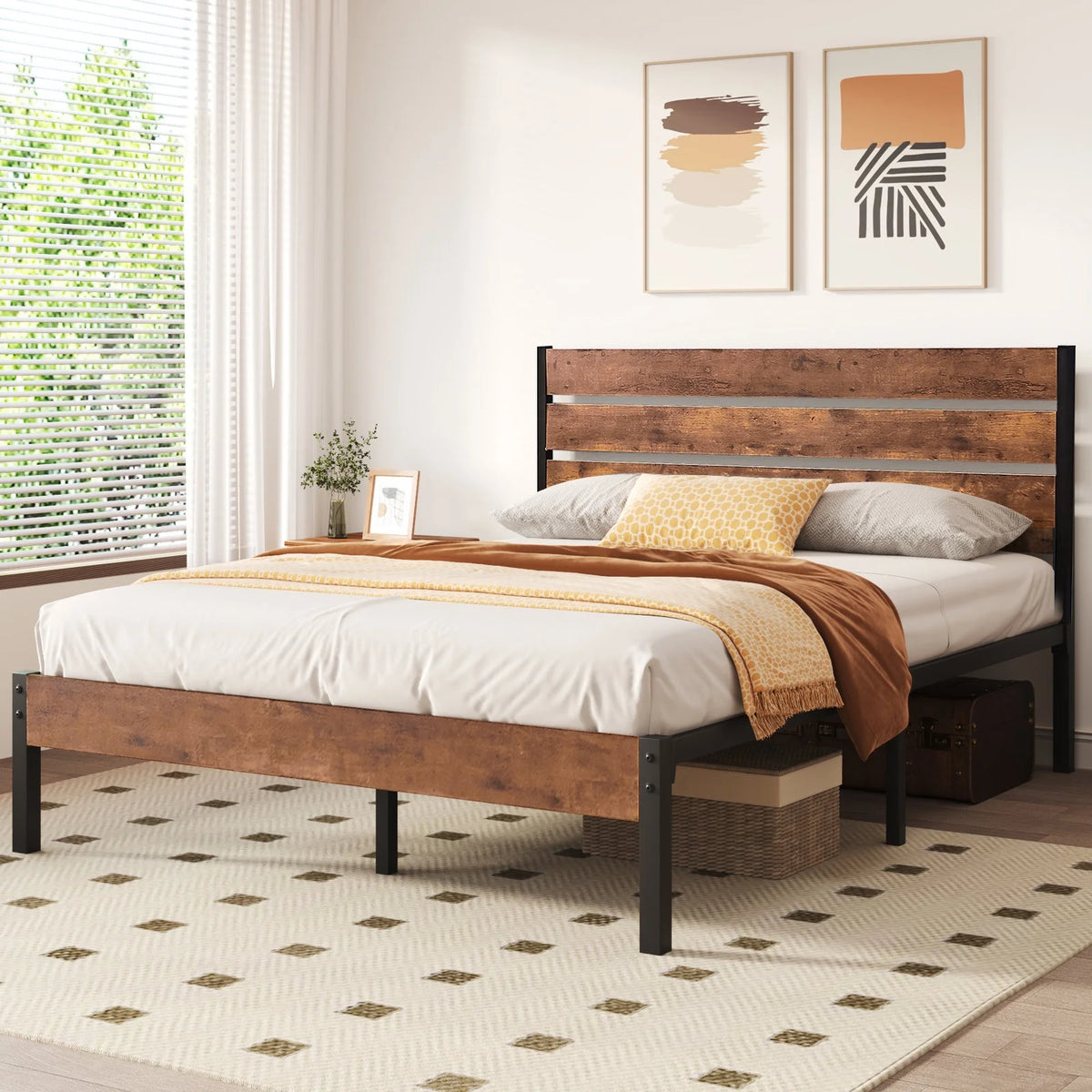 Queen Bed Frame with Wooden Headboard and Metal Slats T38054