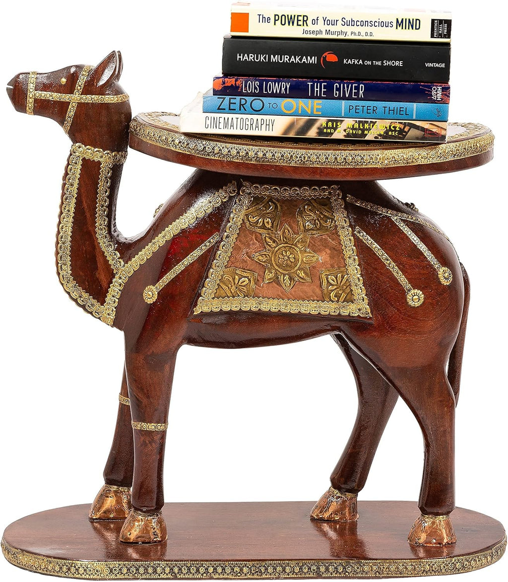 Hand Carved Wooden Elephant Side Table with Brass Accents O422420