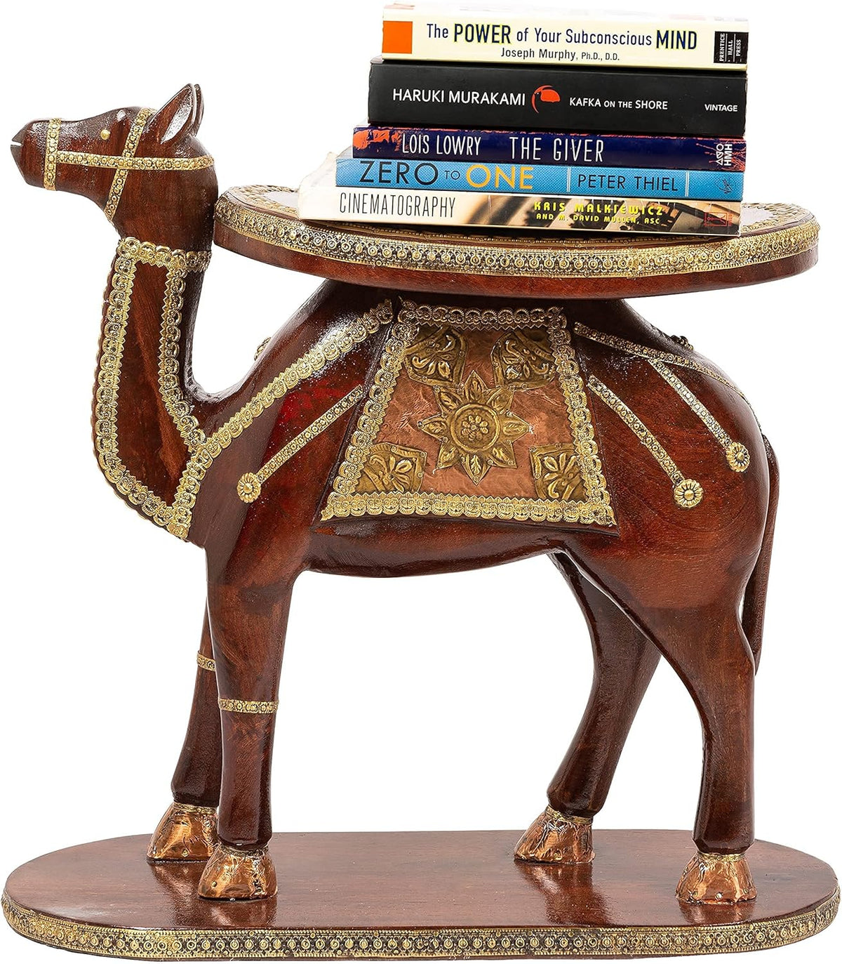 Hand Carved Wooden Elephant Side Table with Brass Accents O422420
