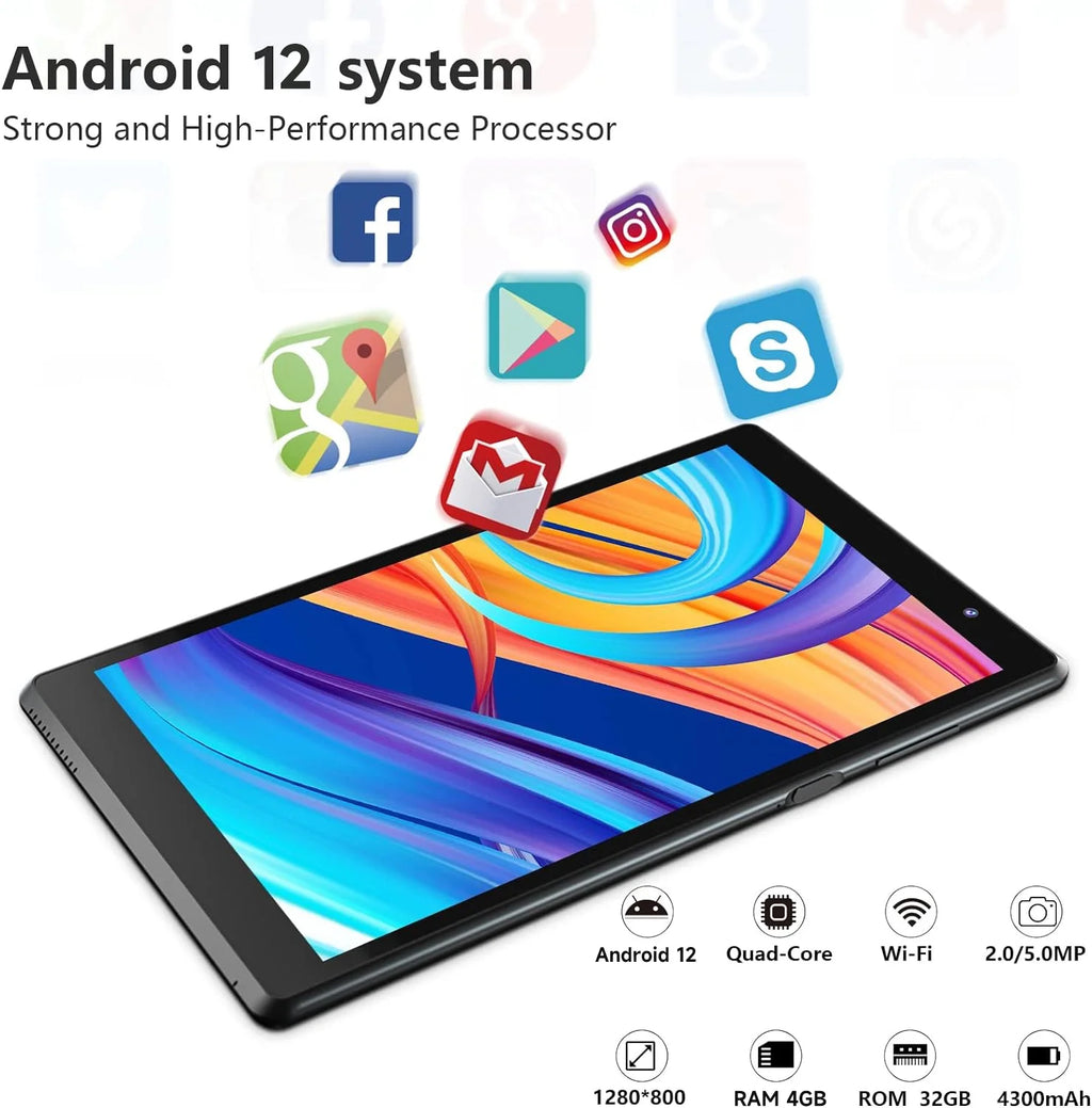 8 inch Android 12 Tablet 4GB RAM 32GB ROM IPS HD Display Black Y7024